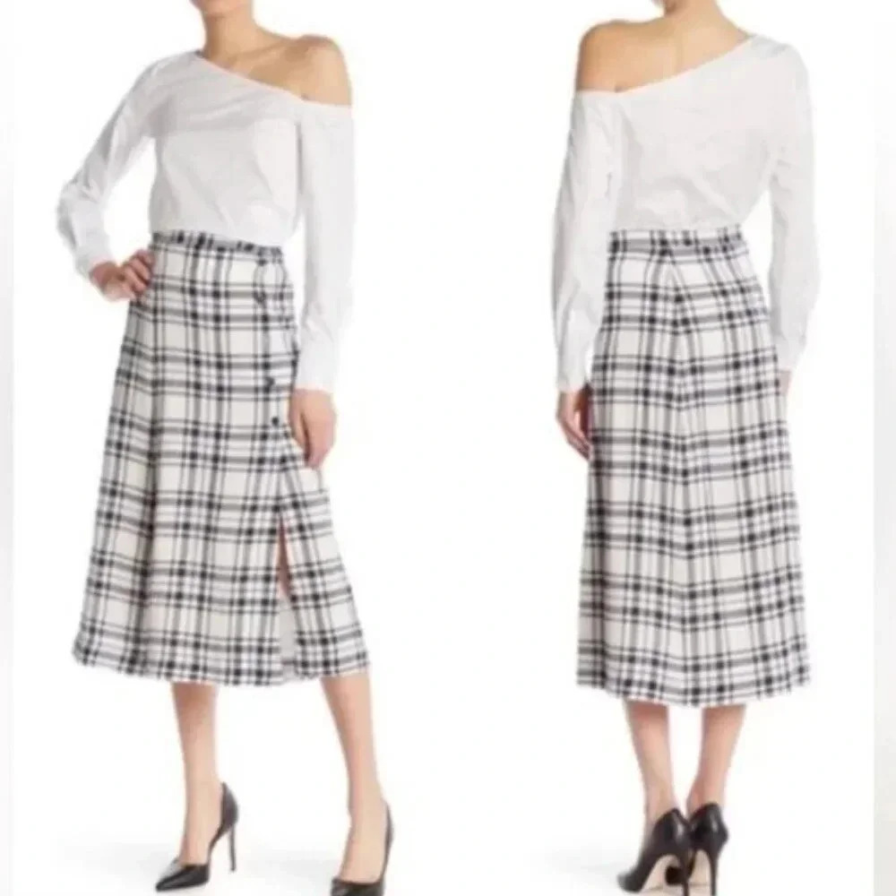 Theory Skirt Midi Linen Side Button Down Modern Plaid Blue White New NWT Size 2